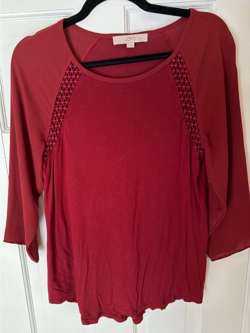LOFT Super Soft Knit Top Chiffon 3/4 Sleeves Crochet Detail Burgundy Size S